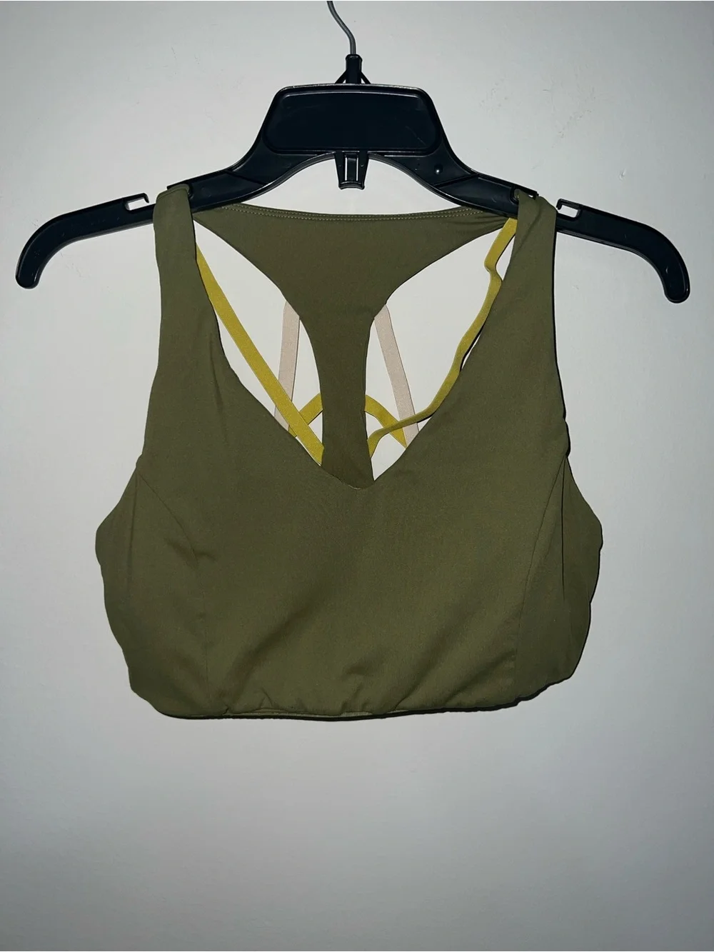 Olive Green Strappy Sports Bra Top yellow detailing padded Fabletics Small
